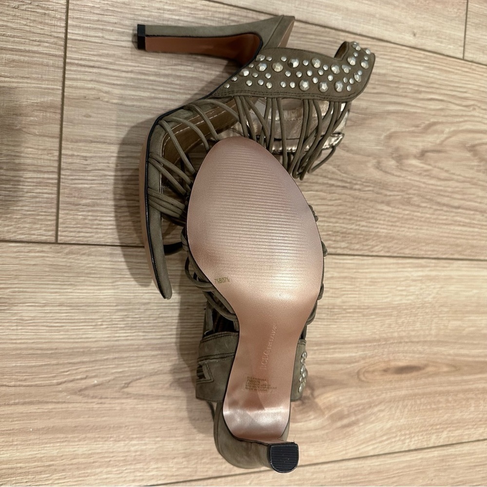 NWT BCBGeneration Pasha High Heel Sandals Dark Moss Kidskin Suede Studded - Picture 12 of 12